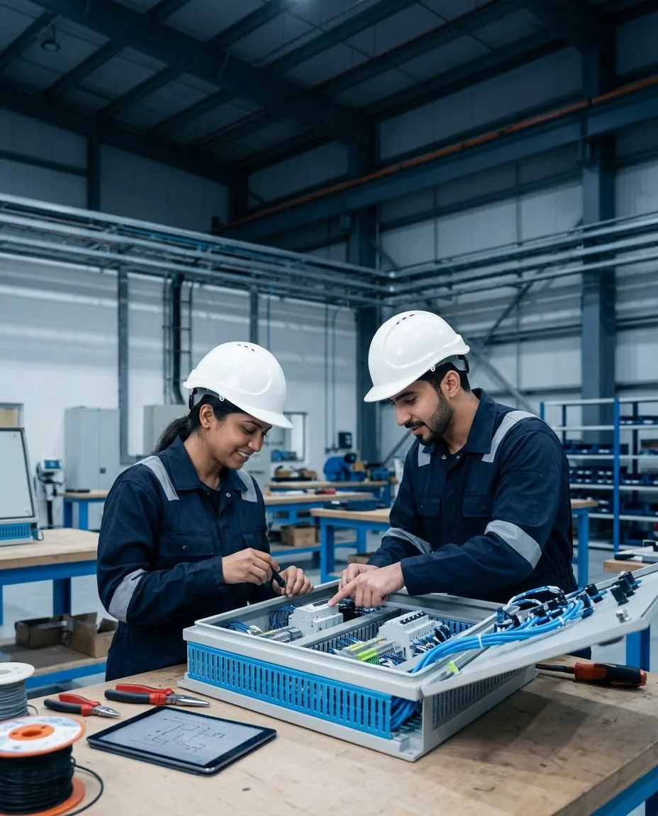 Two young engineers wiring a control panel together