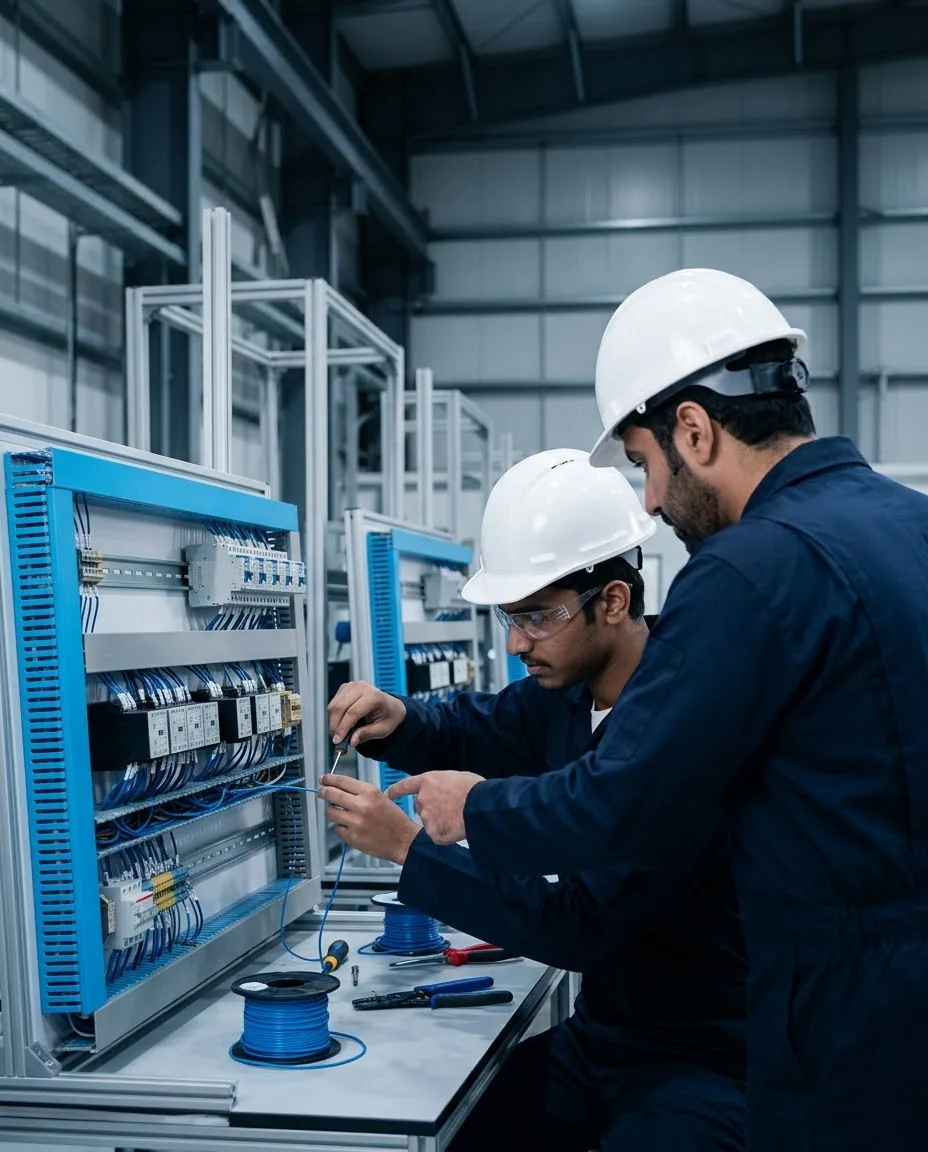 An intern wiring a training panel while a senior engineer guides