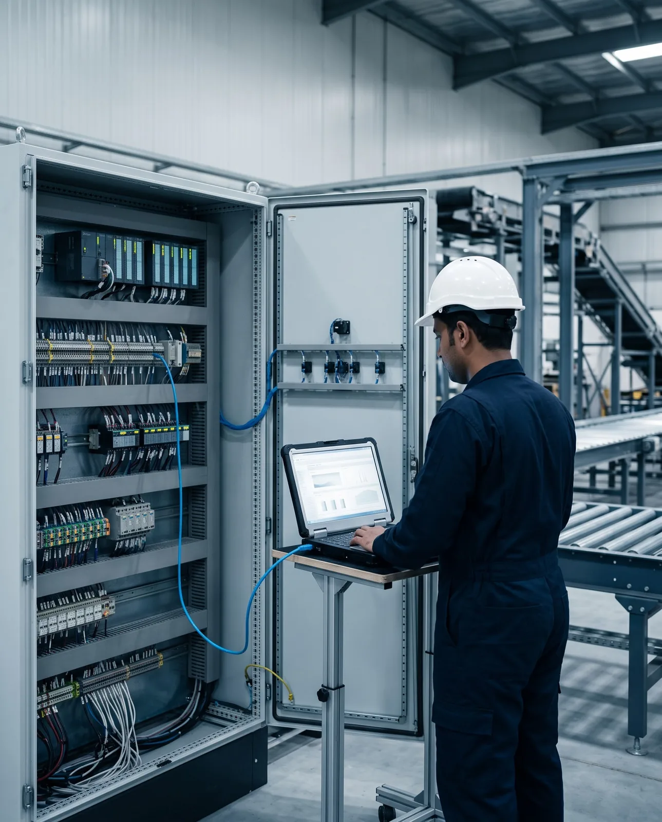 Engineer commissioning a PLC control cabinet beside a conveyor line