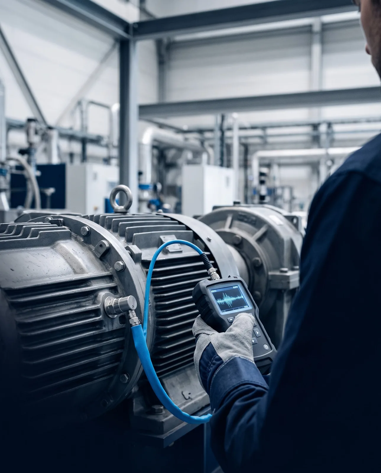 Handheld vibration analyser wired to a sensor on an electric motor