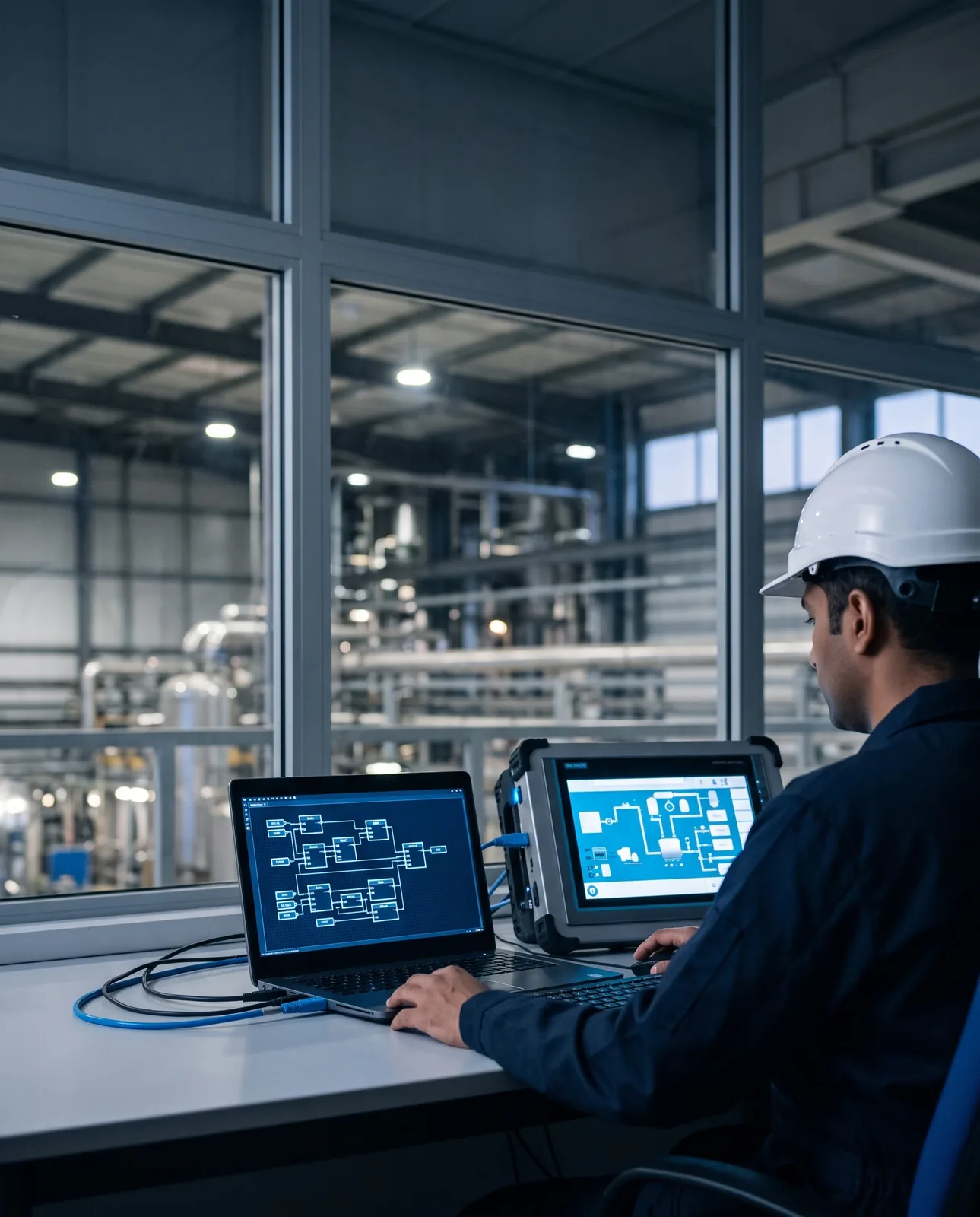 مهندس أتمتة يبرمج منطق التحكم بجوار لوحة HMI
