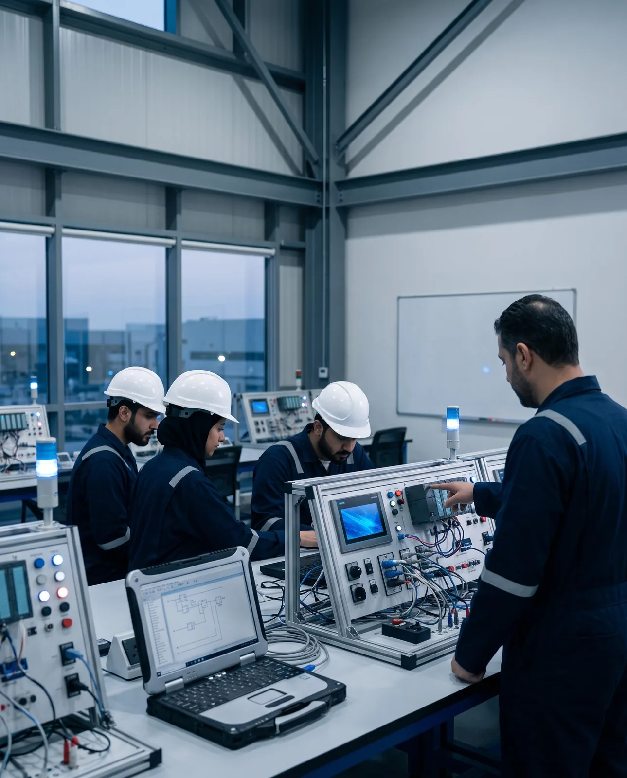 Trainees working on PLC training rigs with an instructor
